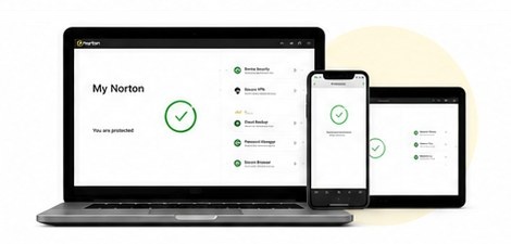 Norton dashboard shown on a laptop, smartphone and tablet